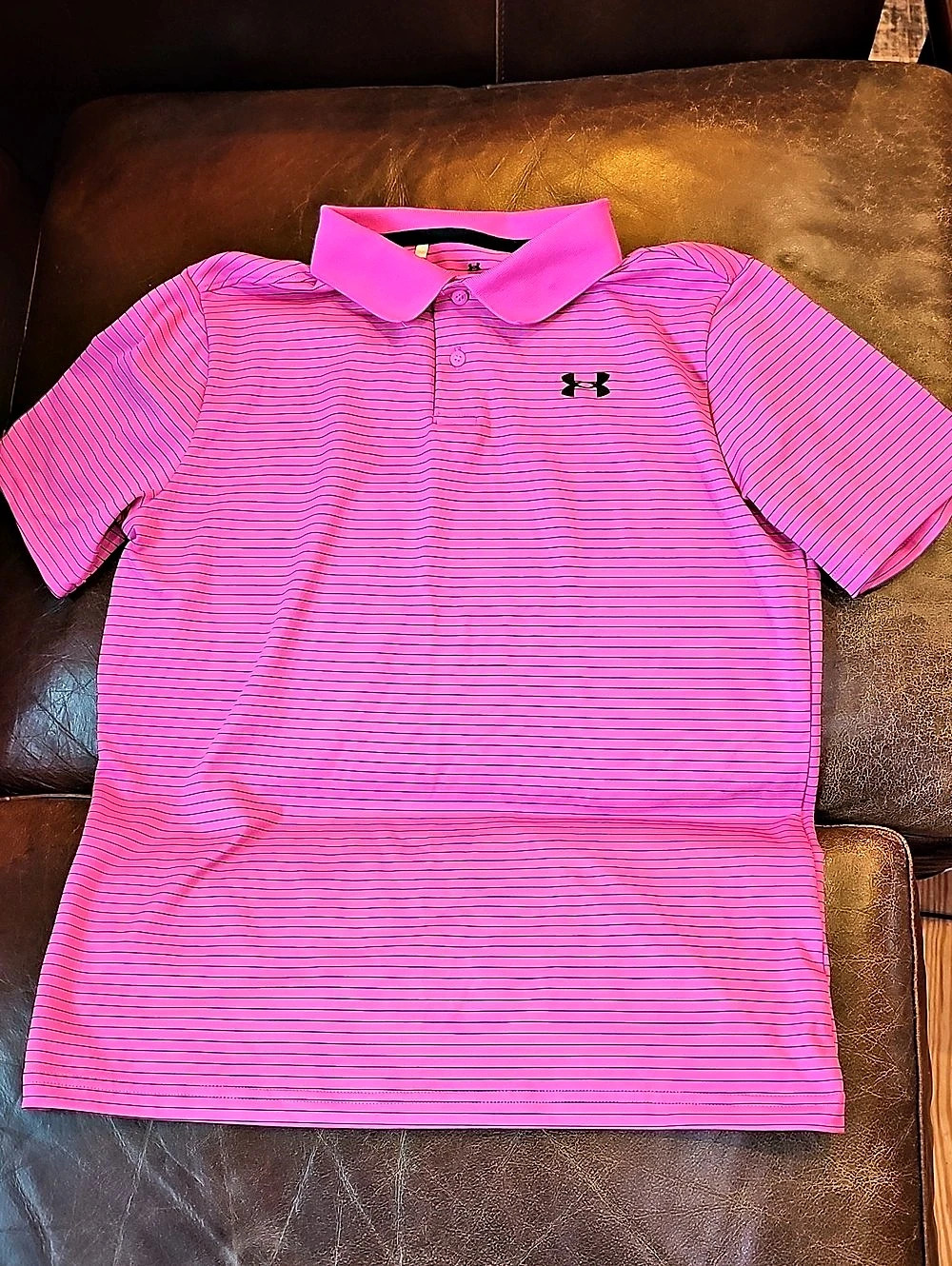 Under Armour Boys Matchplay Stripe Polo Pink And Black Large
